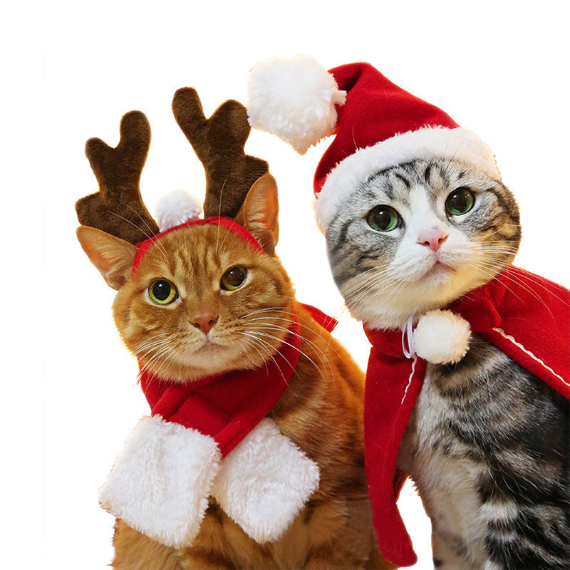 Pet Christmas Costume - Reindeer Antlers Headband & Santa Hat and Scarf