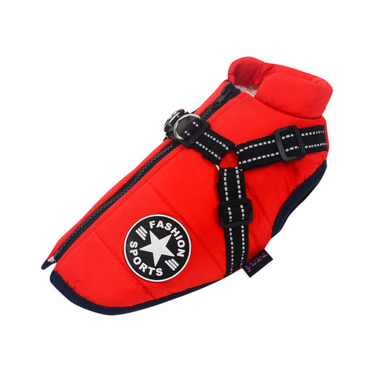 Durable Waterproof Dog Coat with Built-in Harness - Red, Blue and Black